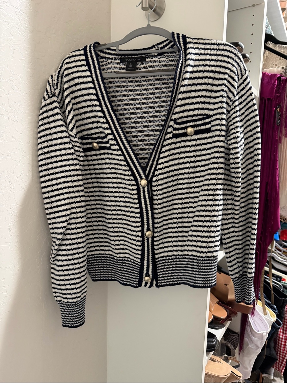 Tahari Navy & White V-Neck Button Cardigan Sweater